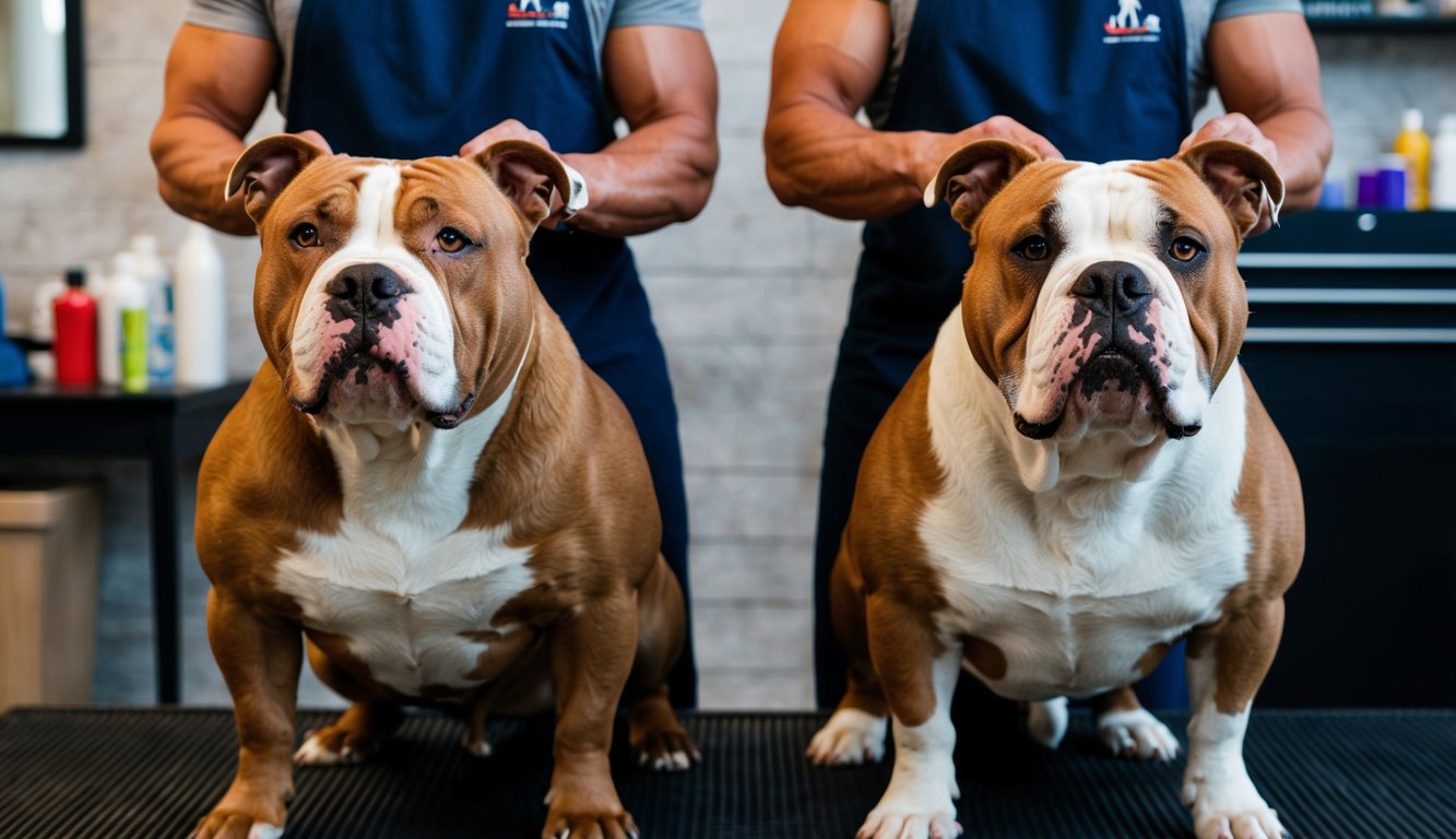 Two muscular brown and white American Bulldogs stand on a grooming table. Each is held by a person wearing a blue apron.
