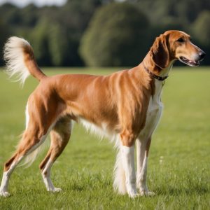A brown and white dog stands alertly on a grassy field, facing right, with trees in the background, exuding the grace that inspires elegant choices for creative Borzoi names.