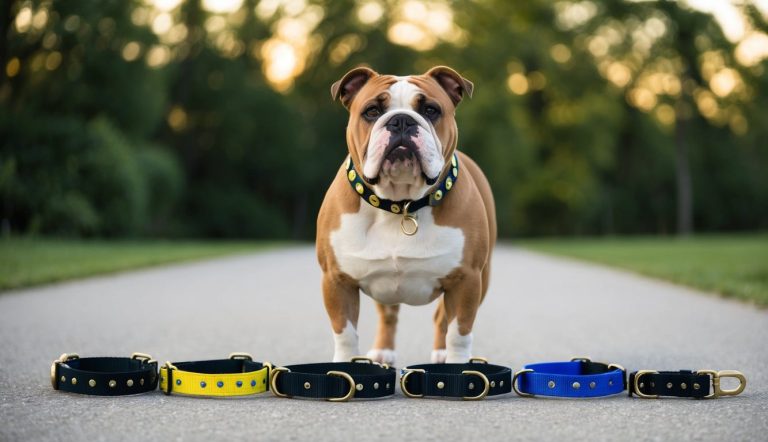 A stout bulldog stands confidently on the path, encircled by six vibrant collars as the sunset sky casts a golden veil over the trees.