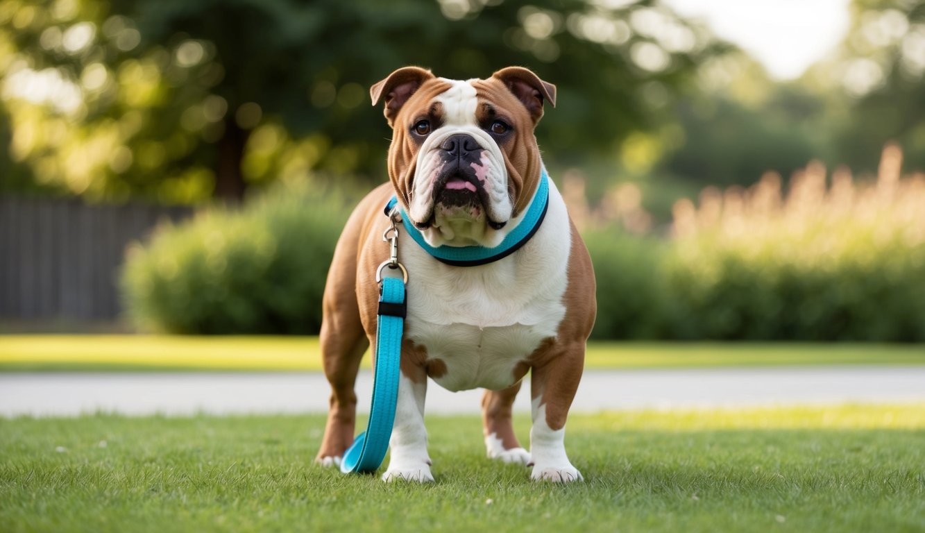 An English bulldog stands proudly on the grass, its blue collar and leash adding a pop of color against the lush greenery and blurred background.