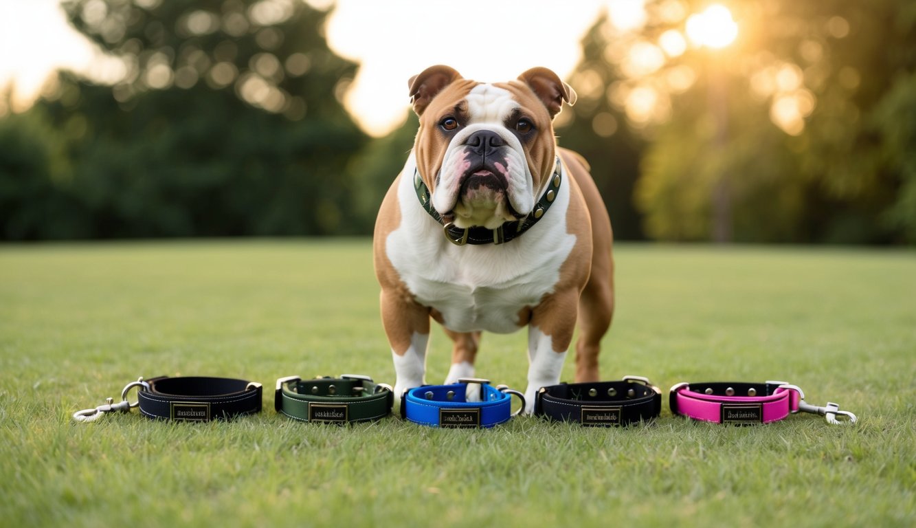 A bulldog stands proudly on the grass with five colorful dog collars and leashes in front, basking in the warm sunlight with trees creating a serene backdrop.