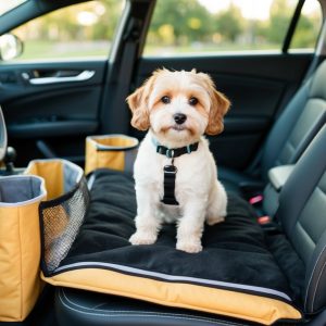 A small Maltipoo sits on a cushion in the front passenger seat of a car, with yellow storage bags scattered in the footwell and a park visible just outside the window.