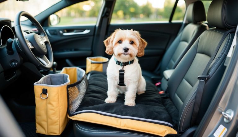 A small Maltipoo sits on a cushion in the front passenger seat of a car, with yellow storage bags scattered in the footwell and a park visible just outside the window.