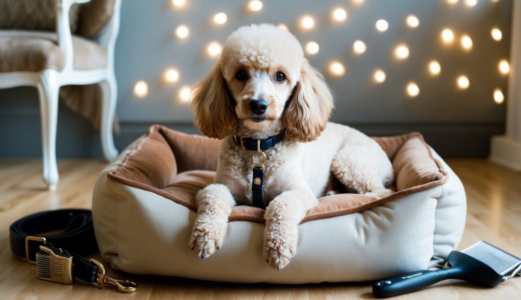 A poodle lounges gracefully on a dog bed with grooming tools and a leash nearby, under the cozy glow of soft string lights adorning the wall.