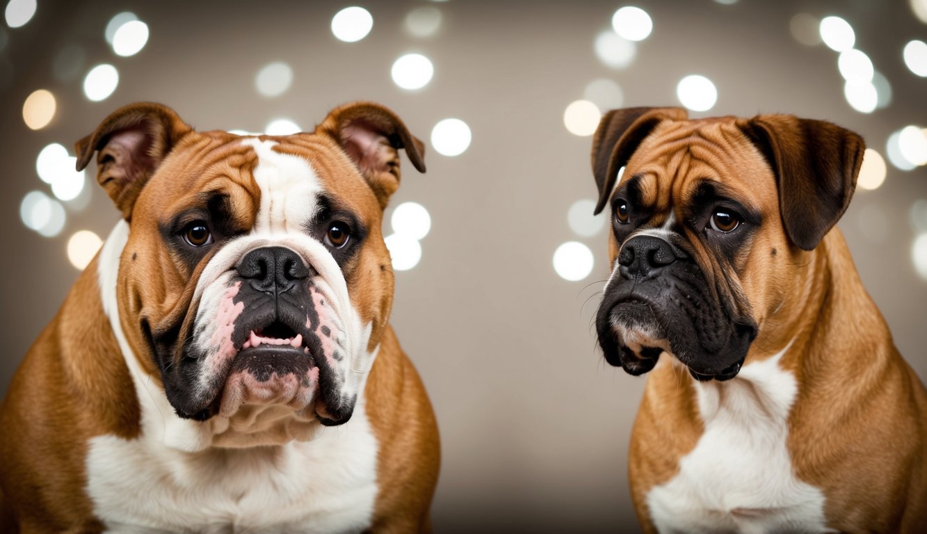 Two bulldogs sit side by side against a blurred background with bokeh lights, embodying the charm of beloved family dog breeds. One faces forward while the other glances sideways, both showcasing their striking brown and white coats.