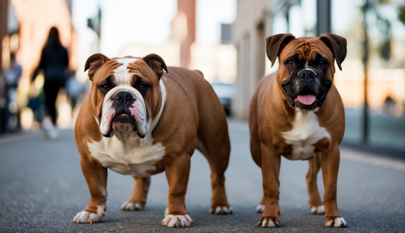Two bulldogs, known for being popular family dog breeds, stand on a street. One has its mouth closed while the other amusingly sticks its tongue out. In the background, a blur of people and buildings adds to the bustling urban scene.