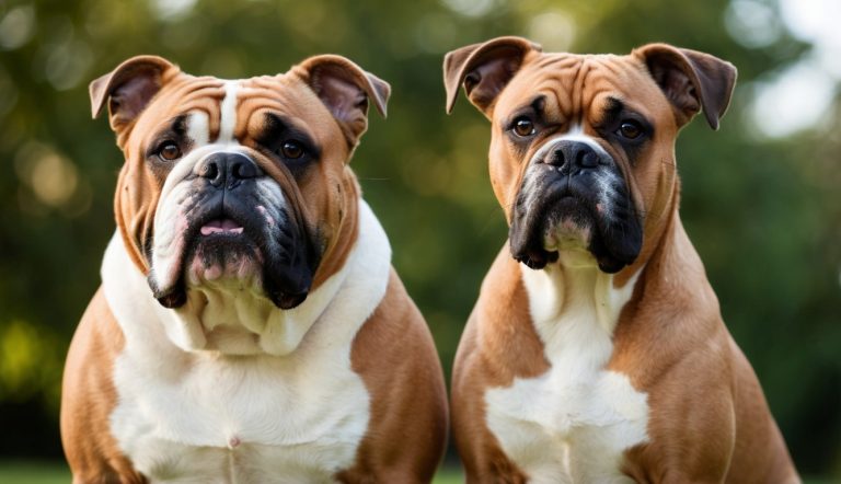Two brown and white bulldogs, popular family dog breeds, sit side by side outdoors, looking directly at the camera.