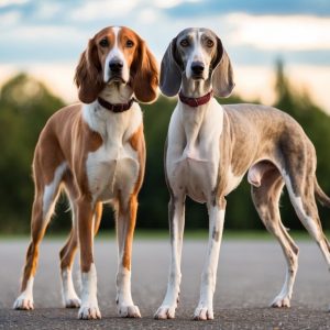 Two dogs, one a sleek Borzoi, the other brown and white, stand on a paved road with green trees in the background.
