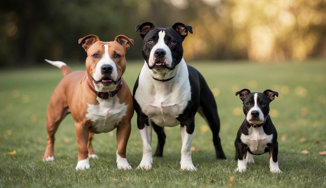 Three American Staffordshire Terriers stand on grass in a park, showing key differences from the Bull Terrier. One is brown and white, one black and white, and a smaller black and white puppy stands beside them. Trees blur softly in the sunny background.