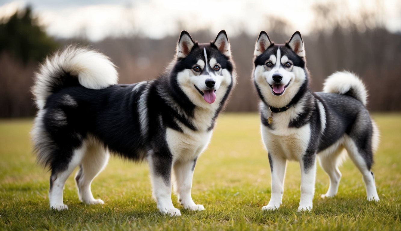 Two Siberian Huskies with black and white fur stand on grass, looking at the camera with their tongues out. A blurred background of trees under a cloudy sky is visible, highlighting their distinct size compared to a Mini Husky or Pomsky.
