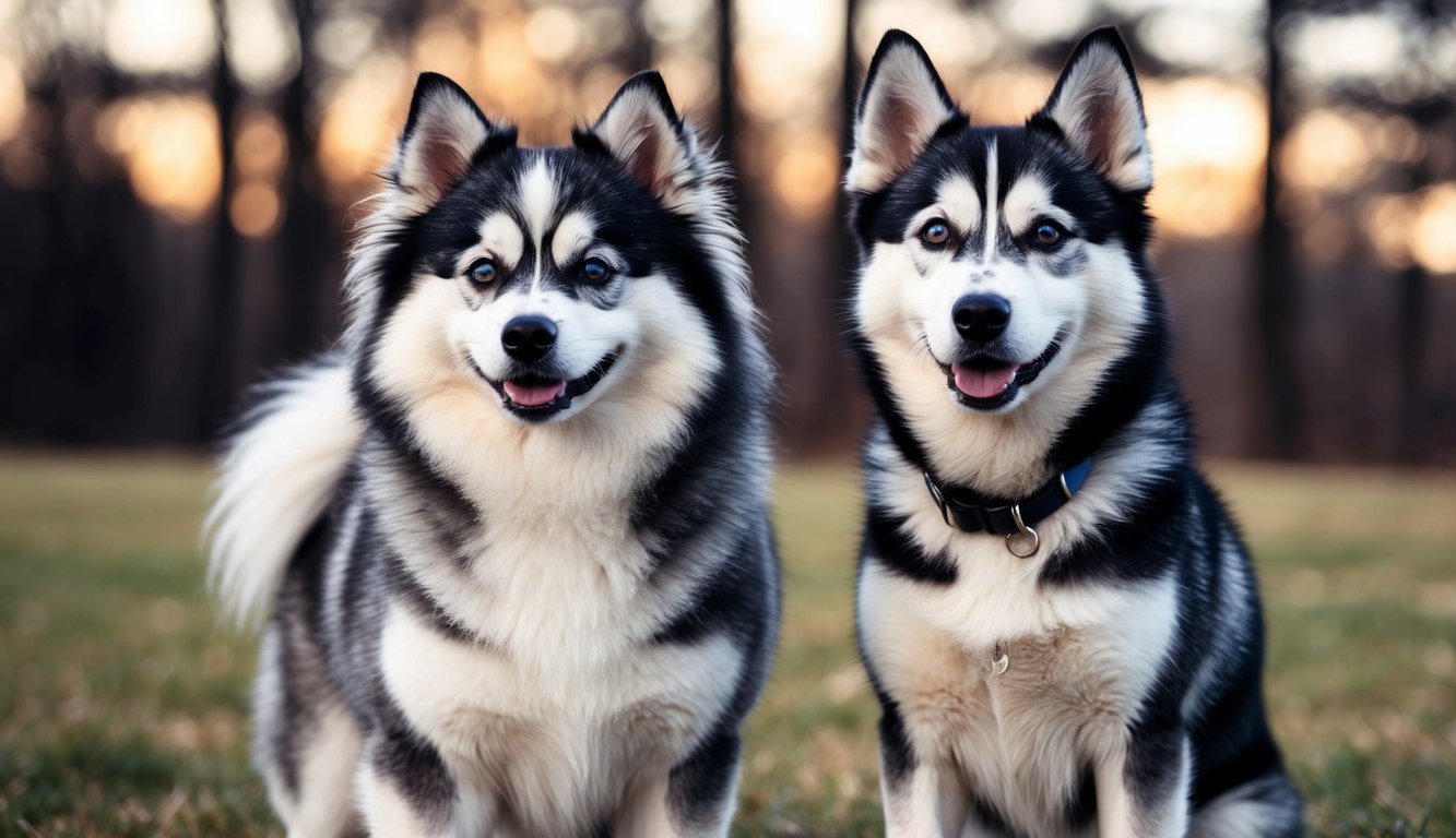 Two Mini Huskies with black and white fur sit outdoors on grass, facing the camera with trees blurred in the background.
