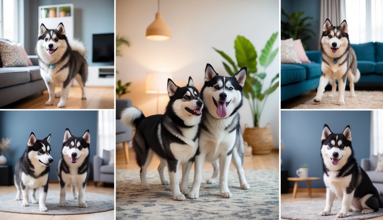 A collage of five images showcases a pair of playful Mini Huskies in a modern living room adorned with plants, a rug, and neutral-colored furniture.