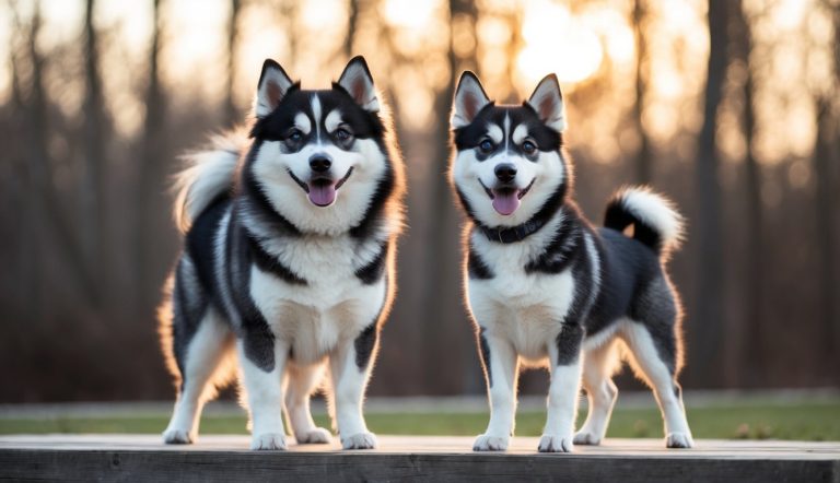 Two fluffy black and white Mini Huskies stand on a wooden platform, with trees and a sunset in the background.