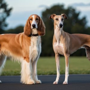 Two dogs, a Borzoi and a Greyhound, stand gracefully on a paved surface, their sleek forms silhouetted against the backdrop of a grassy field and towering trees.