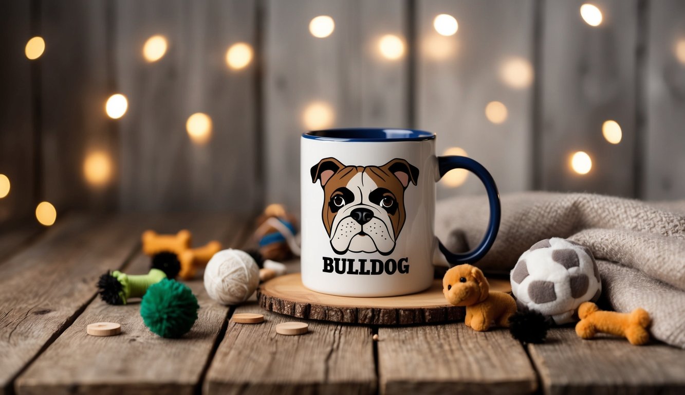 A mug with a bulldog illustration and the text "BULLDOG" sits on a wooden table surrounded by yarn, toy bones, and a small plush dog—perfect gifts for bulldog lovers. The background features blurred string lights that add to this unique idea for dog fans.
