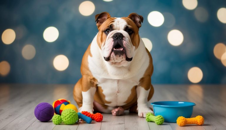 A Bulldog sits on a wooden floor, surrounded by colorful toys and a blue bowl, perfect for gifts to delight Bulldog lovers. A bokeh background adds charm to this cozy scene that's sure to captivate dog fans everywhere.