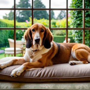 A beagle, resembling a smaller sighthound, lounges on a large cushion by the window, with the garden's vibrant hues offering nature's gifts in the background.