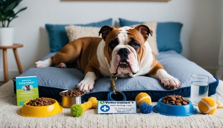 Bulldog on a bed surrounded by bowls of dog food, toys, water, and a veterinary plan information card featuring health tips for healthy pups.