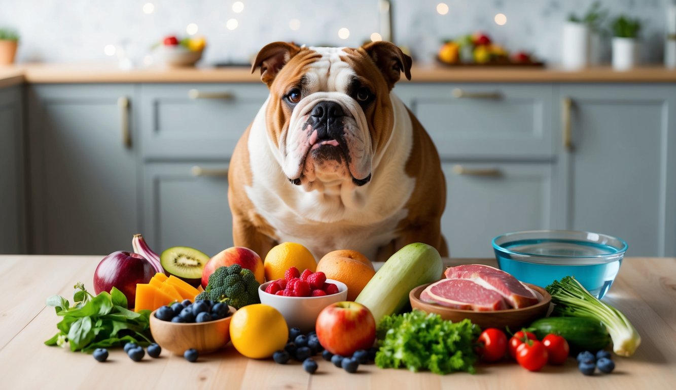 A cheerful Bulldog, one of those Happy Pups, sits behind a colorful array of fruits, vegetables, and meats neatly arranged on a kitchen table.
