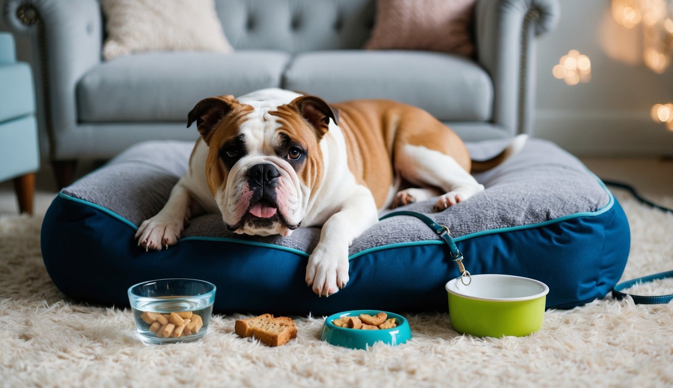 A Bulldog, embodying top Bulldog health tips, lounges on a blue pet bed in the living room. It’s surrounded by a bowl of water, kibble, biscuits, and a leash resting on the light-colored carpet—essentials for healthy pups.