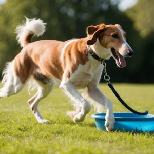 A Russian Wolfhound on a leash runs joyfully near a blue water bowl in a grassy park, showcasing the vibrant energy that comes with following proper Borzoi health tips.