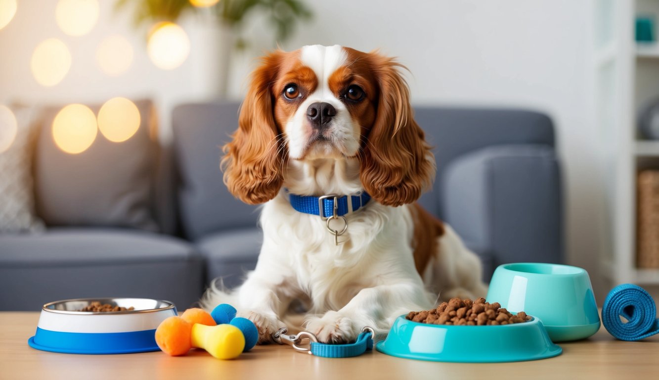 A Cavalier King Charles Spaniel sits on the floor near a bowl of essential dog food, toys, and a leash, with a sofa in the background.
