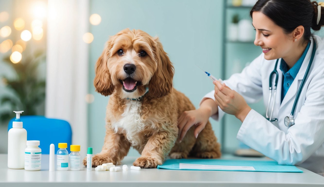 A smiling veterinarian prepares to give a vaccine injection to a happy brown and white cockapoo sitting on an exam table, with various medical supplies and bottles nearby.