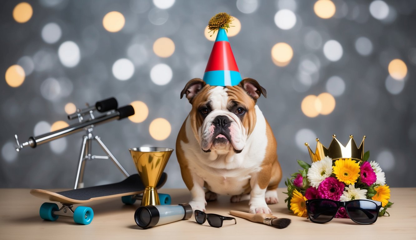 A bulldog wearing a party hat sits amidst a whimsical scene featuring a skateboard, telescope, and trophy. The crown and flowers add flair while sunglasses rest nearby. Confetti surrounds the snoring pup as blurred lights twinkle in the background.