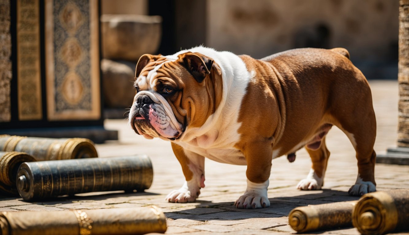 Bulldog stands alert on a stone pavement, surrounded by large ornate golden scrolls, under bright sunlight, as if pausing from his skateboarding adventures.