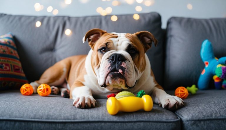 A brown and white bulldog lounges on a gray couch, surrounded by colorful dog toys. With soft lights in the background, this pup looks ready to swap lounging for some impressive skateboarding tricks.