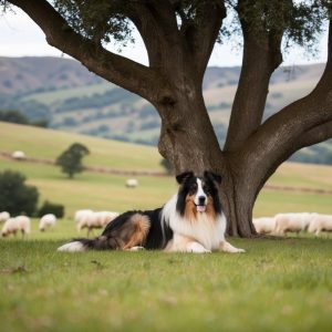 A Border Collie, like a tireless guardian, rests under a large tree in a grassy field with sheep grazing nearby. In the distance, hills and scattered trees frame the serene scene, where even an Anatolian Shepherd might roam with its giant guardianship instincts.