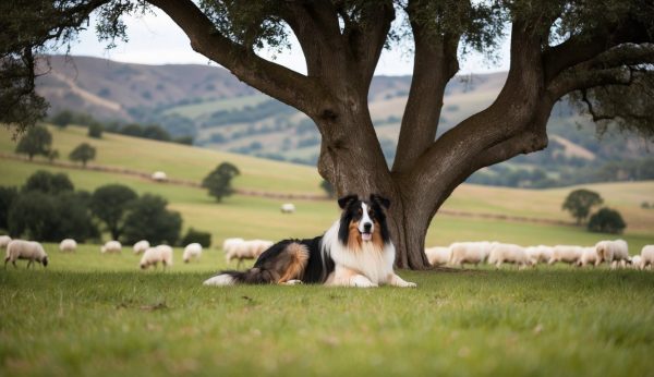A Border Collie, like a tireless guardian, rests under a large tree in a grassy field with sheep grazing nearby. In the distance, hills and scattered trees frame the serene scene, where even an Anatolian Shepherd might roam with its giant guardianship instincts.