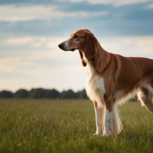 A Saluki dog stands alert in a grassy field under a partly cloudy sky, embodying the grace and speed unique to sighthounds like the Borzoi.