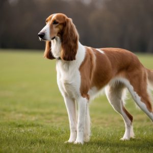 A red and white Afghan Hound with long fur stands alertly on a grassy field, its regal appearance reminiscent of the noble Borzoi.