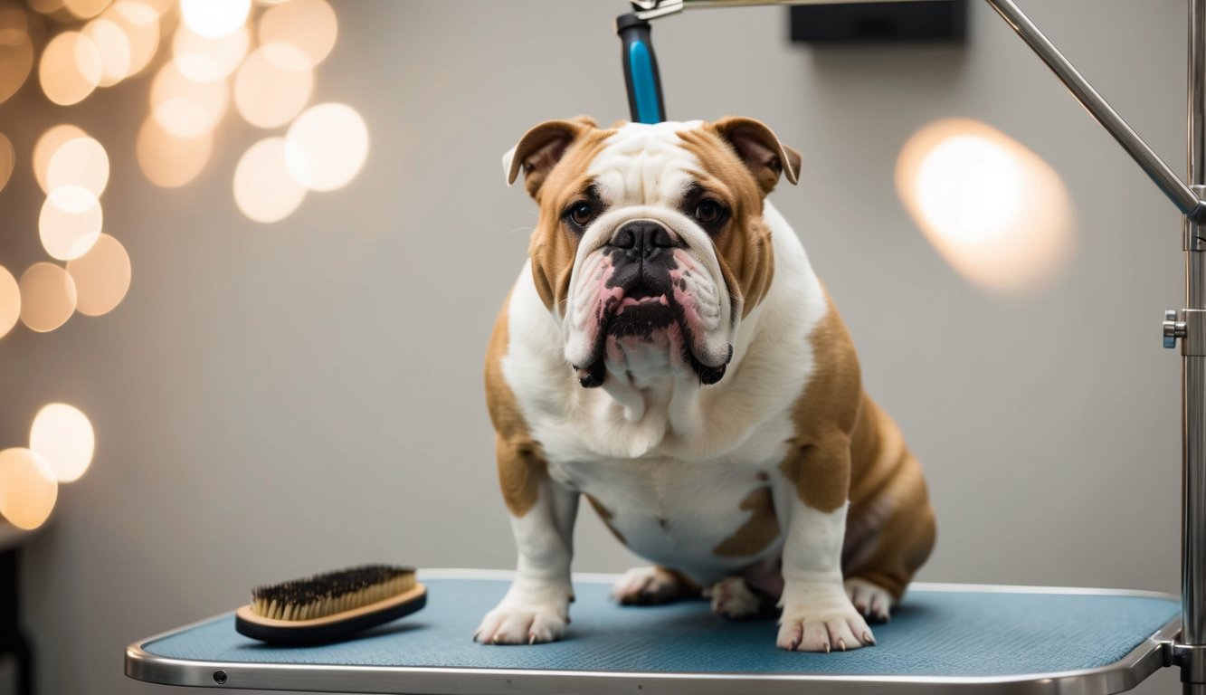 A Bulldog lounging on a grooming table, surrounded by an array of brushes for its shedding coat, basks in the soft glow of a well-lit room with blurred lights twinkling in the background.
