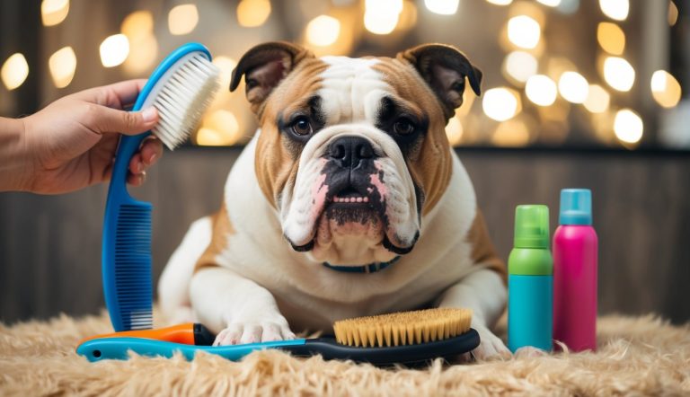 A Bulldog lounging on a fluffy rug is surrounded by grooming tools and products, perfect for addressing Bulldog shedding with essential care tips.