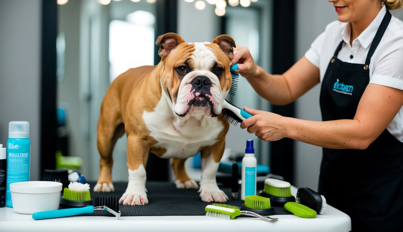 A bulldog stands on a grooming table, being brushed by a person. Amidst the various tools and products, shedding care tips are shared to ensure your pet's coat stays healthy and sleek.