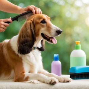 A person attentively brushes a Borzoi with a luxurious coat on a table, surrounded by grooming products and brushes, set against a blurred green background.