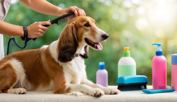 A person attentively brushes a Borzoi with a luxurious coat on a table, surrounded by grooming products and brushes, set against a blurred green background.