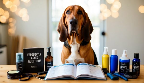 A dog sits at a table surrounded by grooming products, an open book, and a "Frequently Asked Questions" booklet from the Bloodhound Grooming Guide, ensuring a Healthy Hound experience.