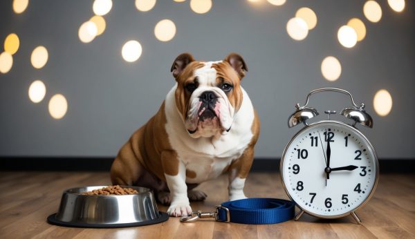 A well-behaved bulldog sits patiently on the floor beside a food bowl and blue leash, embodying perfect obedience. Nearby, a large clock ticks steadily, while blurred lights create a cozy backdrop.