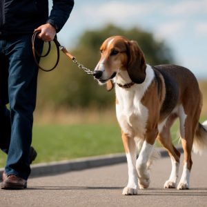 Walking along a paved path with green grass and blurred trees in the background, a person guides a large brown and white dog on a leash. This delightful scene underscores the importance of essential tips for successful Borzoi training.