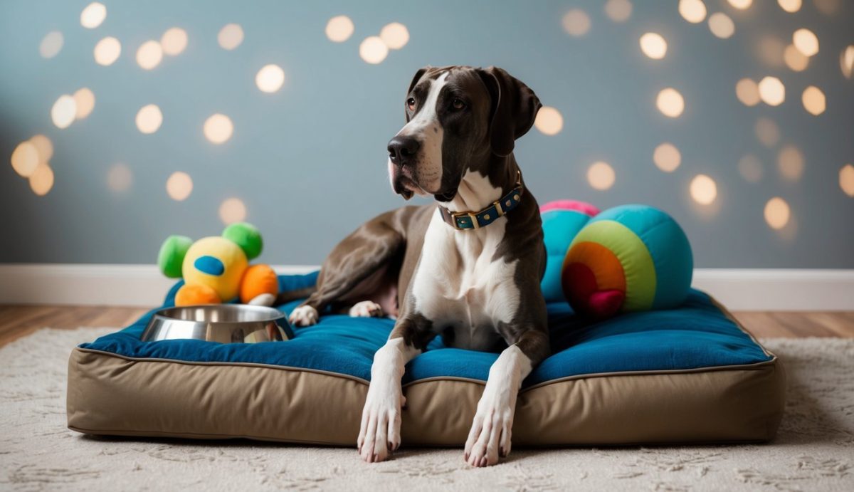 A majestic Great Dane lounges on a plush blue dog bed surrounded by vibrant toys and a shiny metal bowl, all bathed in the room's gentle lighting.