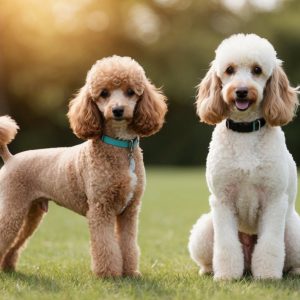Two toy poodles in a grassy field, one standing and one sitting, both wearing collars, with sunlight filtering through trees in the background.