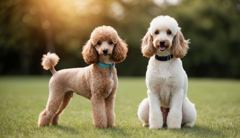 Two toy poodles in a grassy field, one standing and one sitting, both wearing collars, with sunlight filtering through trees in the background.