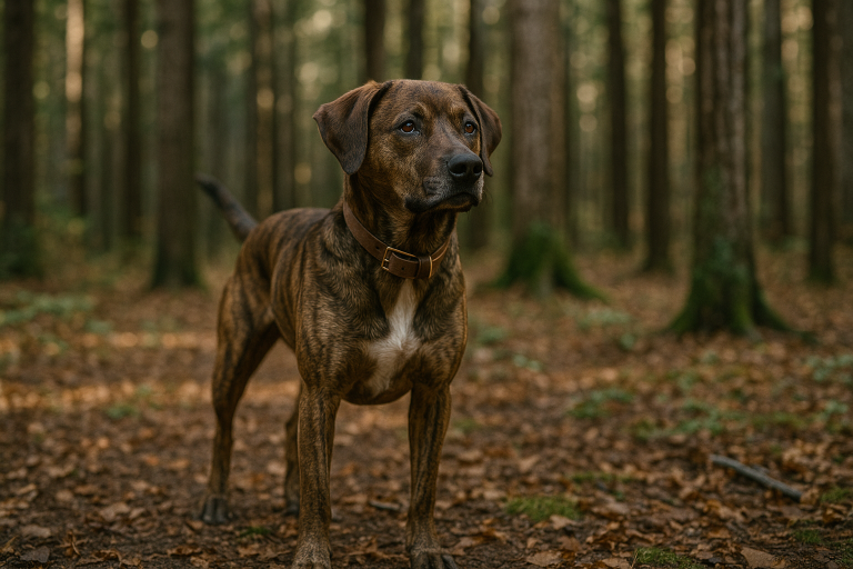 Brindle mountain cur with a brown collar stands alert on a leaf-covered forest floor, surrounded by tall trees.