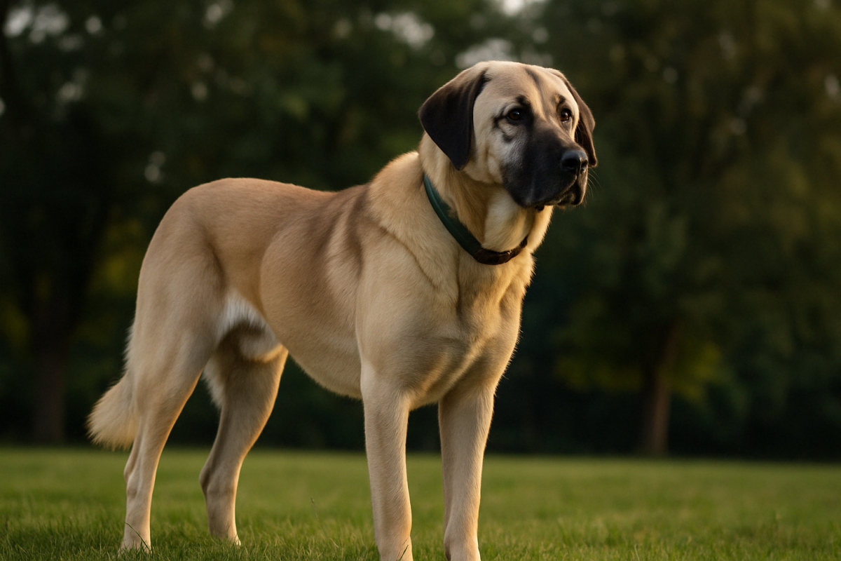 A large Anatolian Shepherd with a tan coat, black muzzle, and green collar stands on grass with trees in the background.