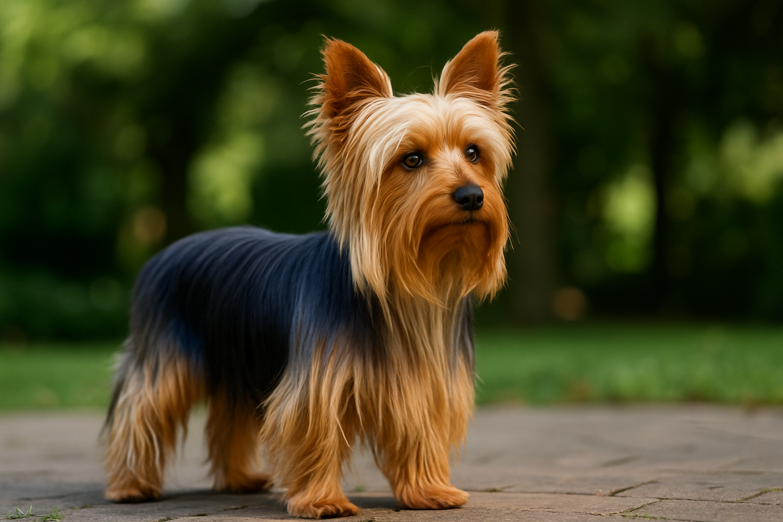 A yorkie with a long, silky coat stands on a paved path, framed by lush green trees and grass in the background.