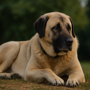 Large anatolian shepherd with a black face and floppy ears lying on grass, framed by trees in the blurred background.