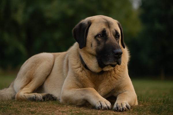 Large anatolian shepherd with a black face and floppy ears lying on grass, framed by trees in the blurred background.